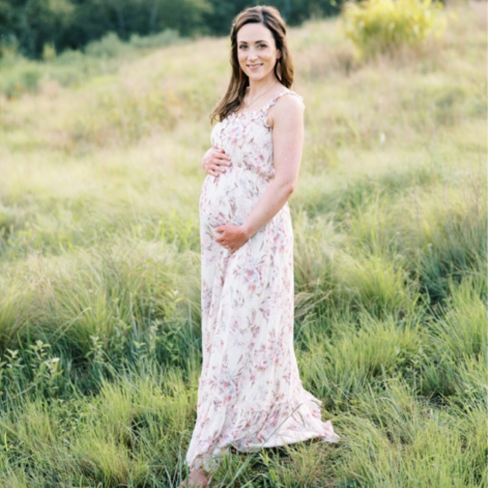 PinkBlush Cream Floral Shimmer Laceup Maternity Maxi Dress